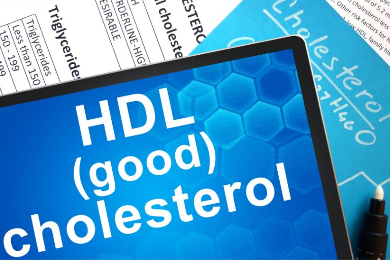 a screen with dark blue background that has a writing in white: HDL (good cholesterol)