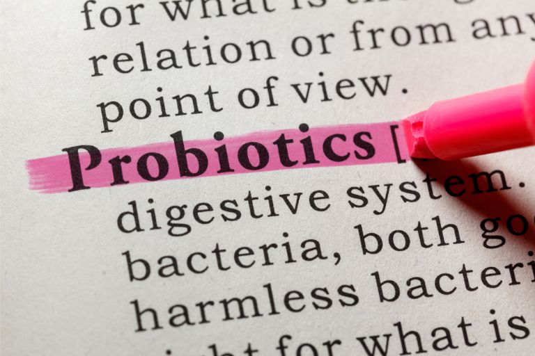 a dictionary page with the probiotics definition. Probiotics is in black bold letters and it is being highlighted by the pink marker pen. Under it there are words: digestive system, bacteria, harmless