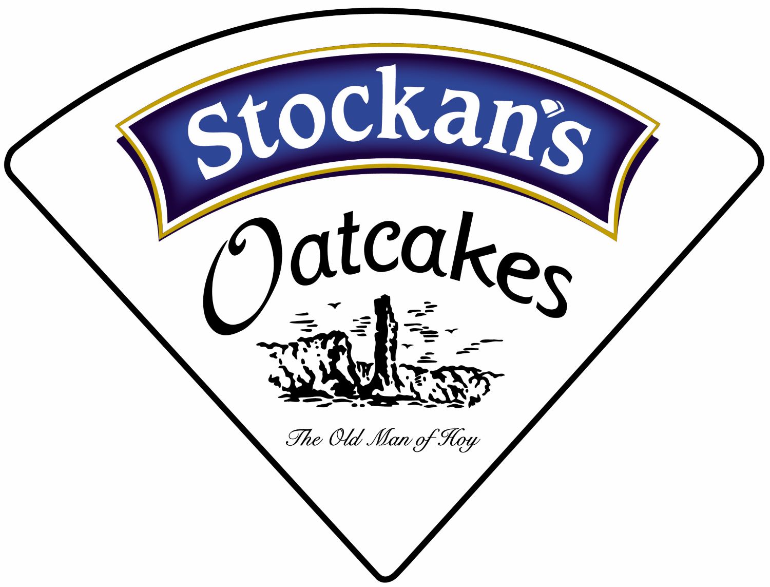 The Stockan's Oatcakes logo features a triangular shape with a white background. At the top, there's a dark blue banner with Stockan's in white font. Below, Oatcakes is written in black font. An illustration of The Old Man of Hoy( a famous sea stack located in Orkney, Scotland) with the text The Old Man of Hoy in cursive is beneath it. - website opens in a new window